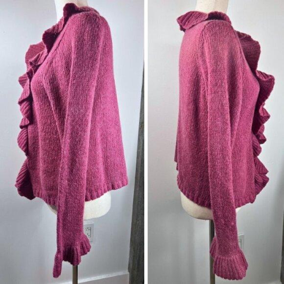 KIABI WOMAN Fuchsia Pink Purple Ruffle Wool Mohair Blend Cardigan Sweater Size L - Picture 7 of 15